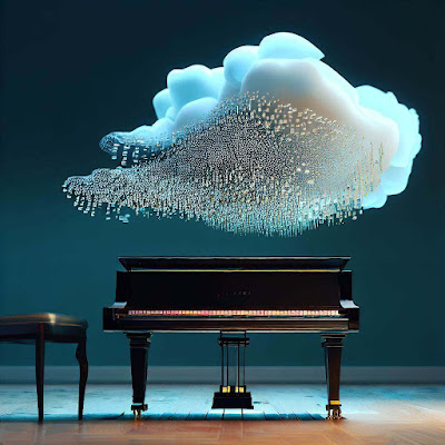 Artistic representation of ChatGPT as a cloud composing music on a piano